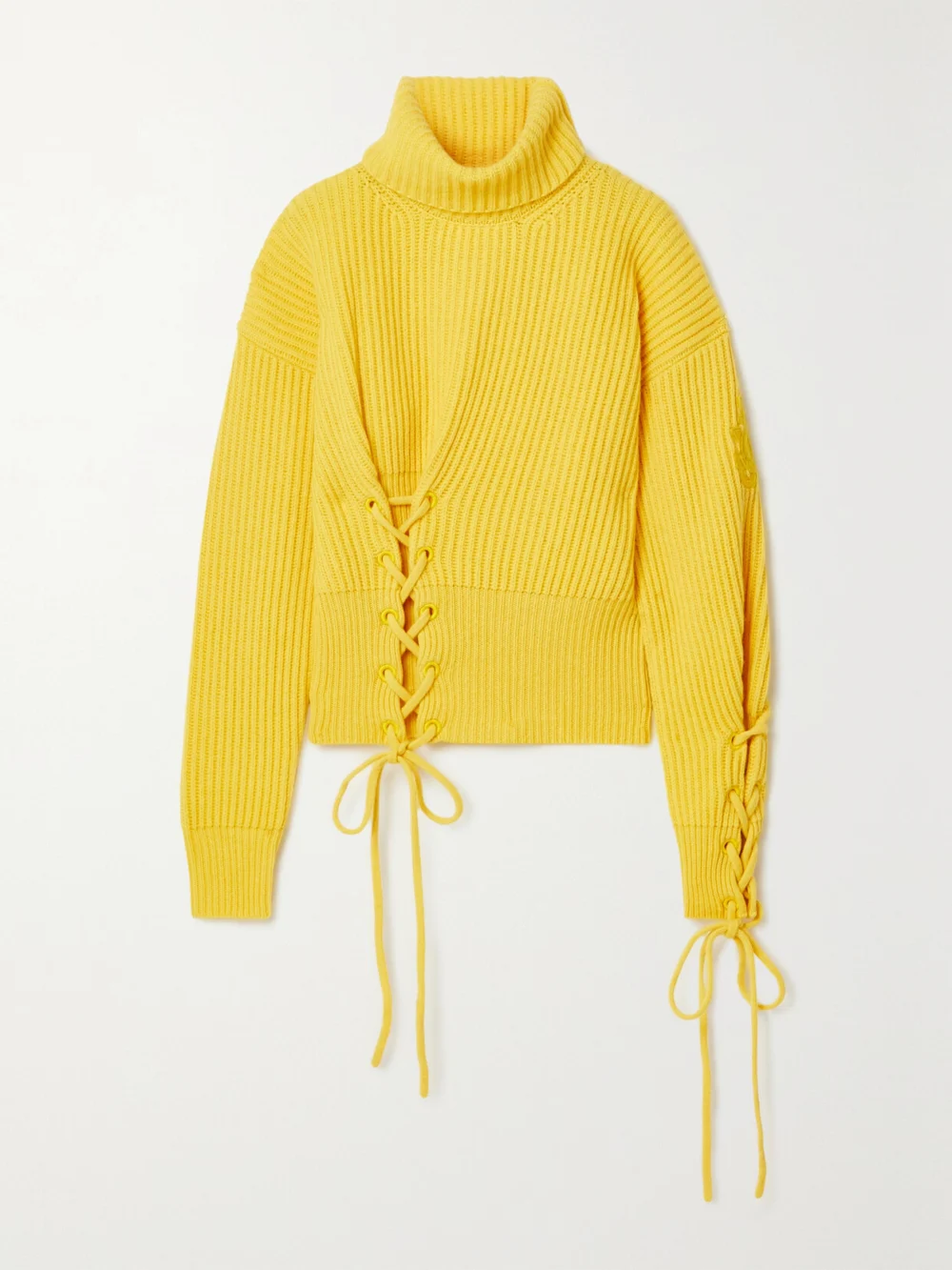 Moncler Genius + 1 Jw Anderson Lace-up Ribbed Wool and Cashmere-blend Turtleneck Sweater in yellow