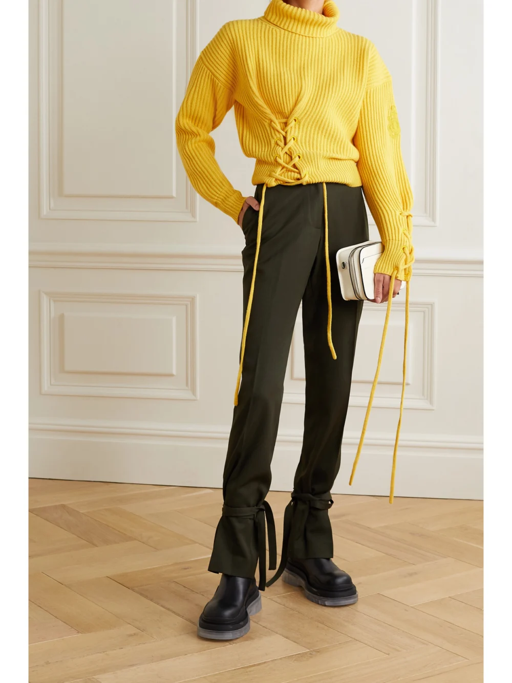 Moncler Genius + 1 Jw Anderson Lace-up Ribbed Wool and Cashmere-blend Turtleneck Sweater, worn by a model