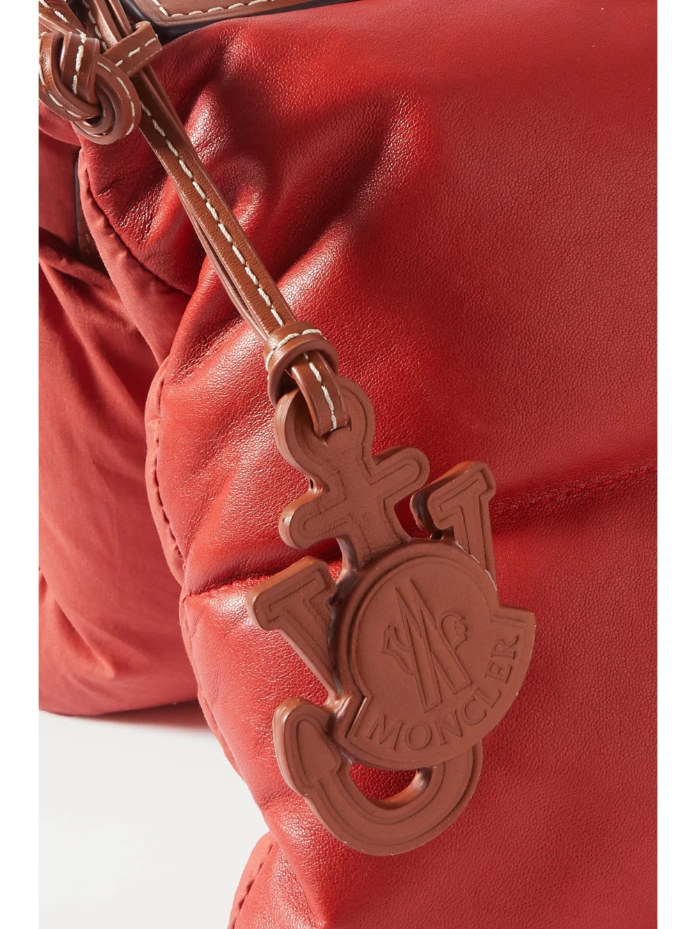 Close-up detail of the Moncler Genius + 1 Jw Anderson Quilted Padded Shell and Leather Tote
