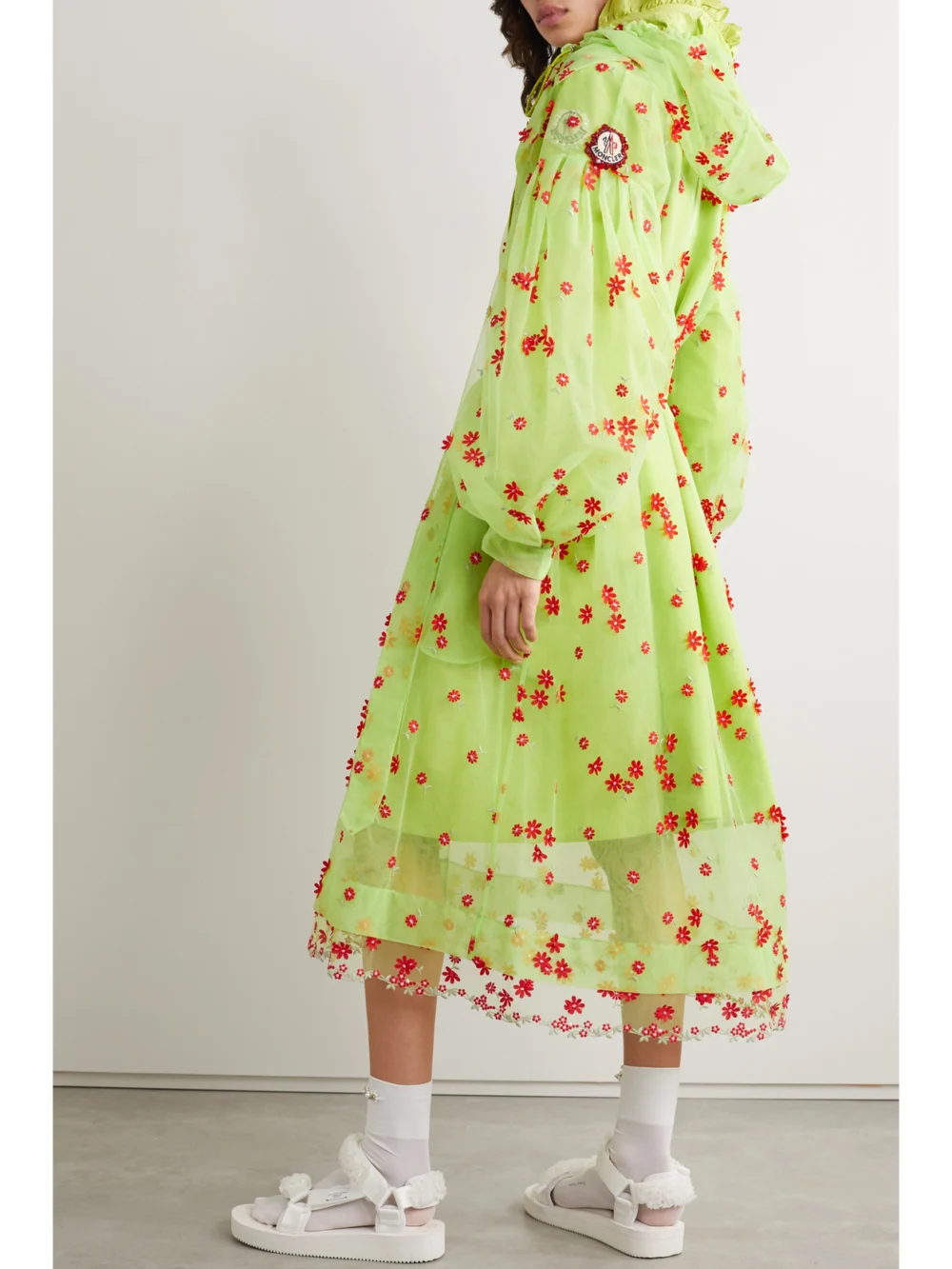 Back view of the Moncler Genius + 4 Simone Rocha Coronilla Hooded Appliquéd Embroidered Tulle Trench Coat