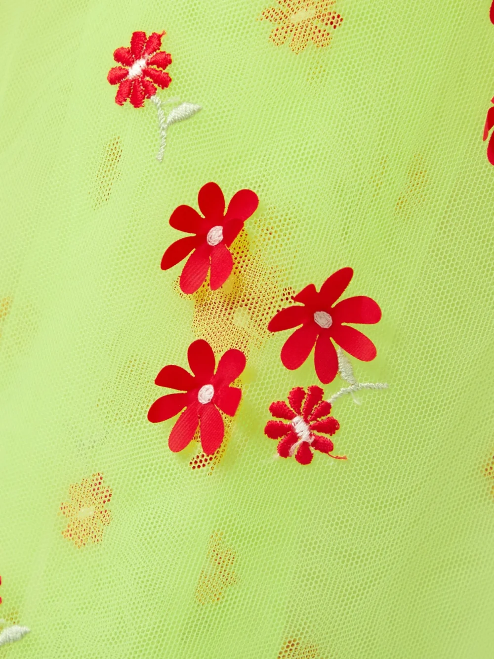 Close-up detail of the Moncler Genius + 4 Simone Rocha Coronilla Hooded Appliquéd Embroidered Tulle Trench Coat