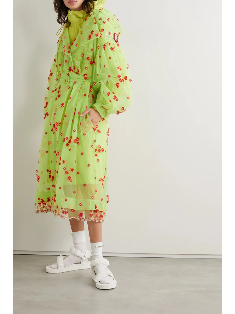 Moncler Genius + 4 Simone Rocha Coronilla Hooded Appliquéd Embroidered Tulle Trench Coat, worn by a model