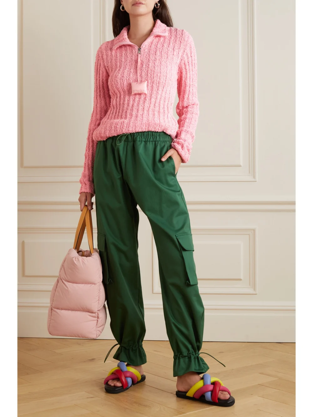 Moncler Genius + Jw Anderson Appliquéd Ribbed Cotton-blend Bouclé Sweater, worn by a model