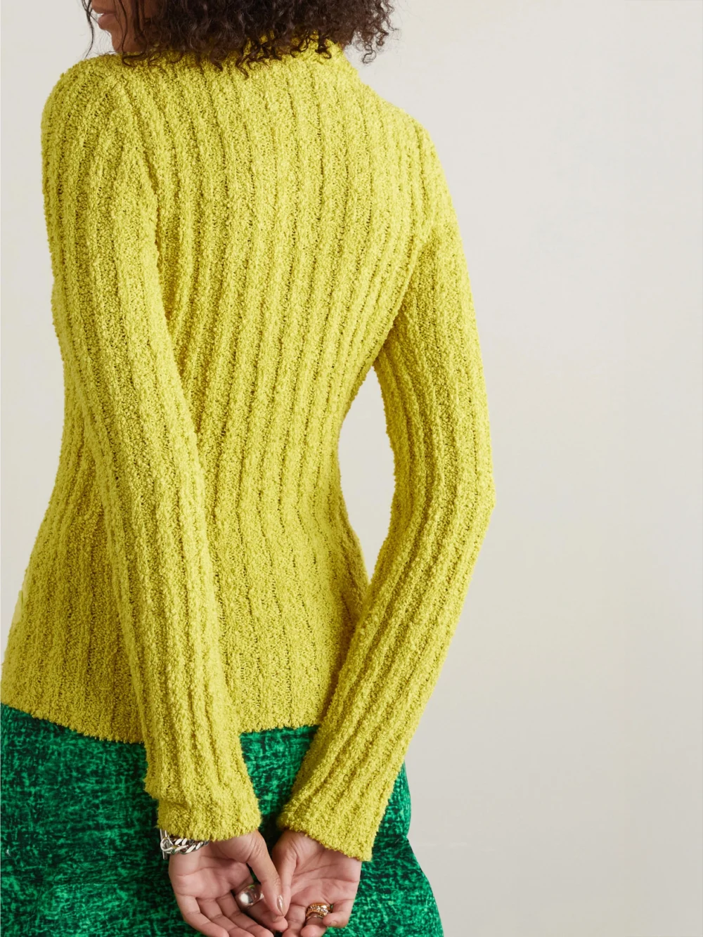 Back view of the Moncler Genius + Jw Anderson Appliquéd Ribbed Cotton-blend Bouclé Sweater