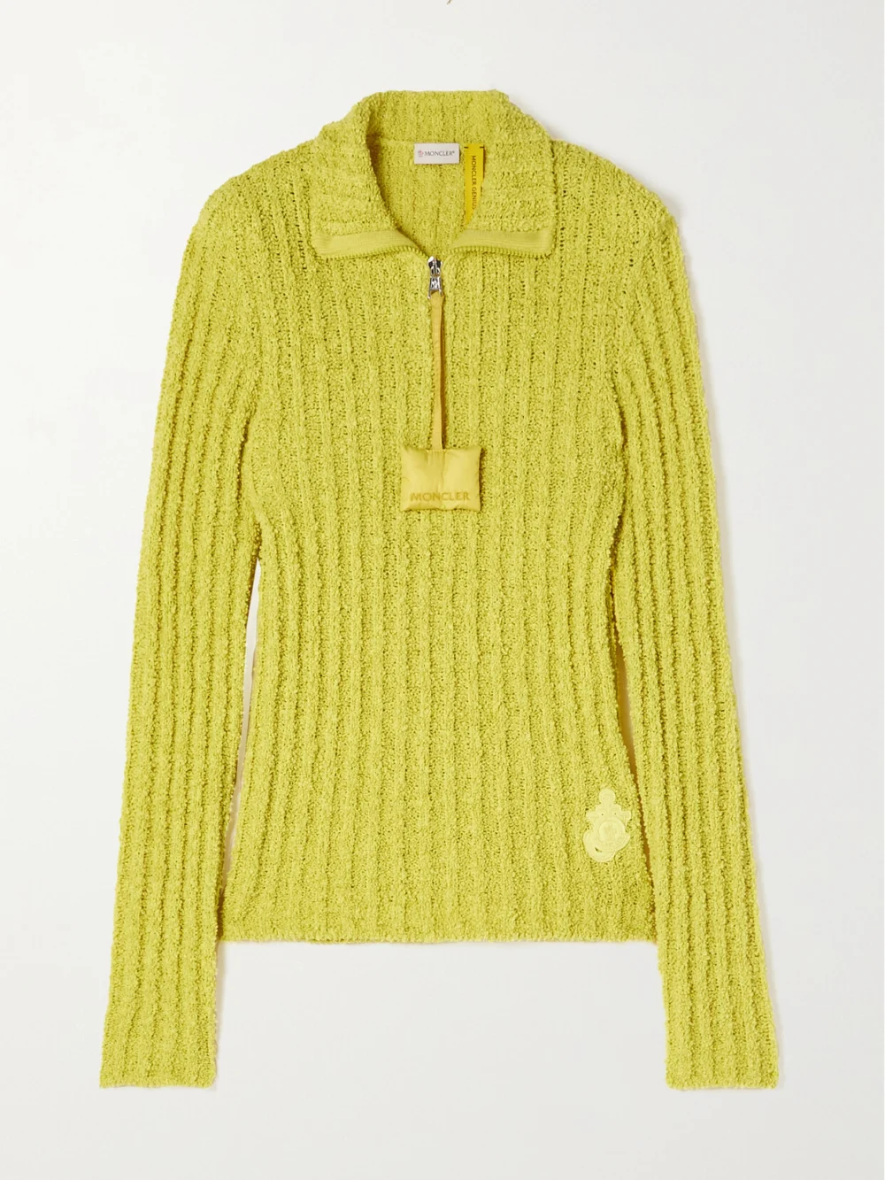 Moncler Genius + Jw Anderson Appliquéd Ribbed Cotton-blend Bouclé Sweater in yellow