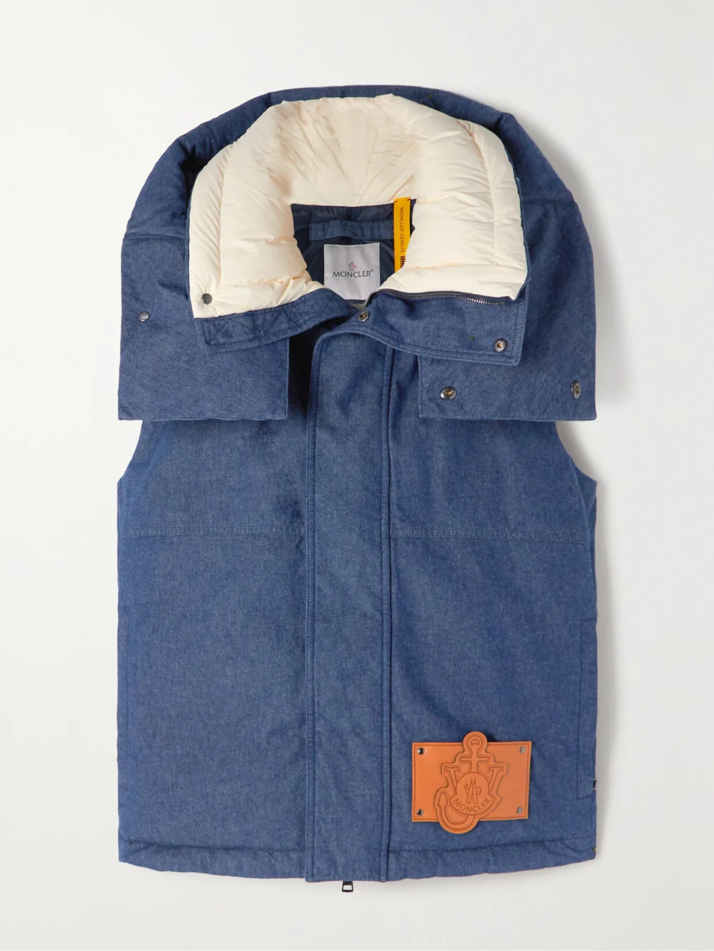 Moncler Genius + Jw Anderson Dalby Hooded Faux Leather-trimmed Denim Down Vest in blue