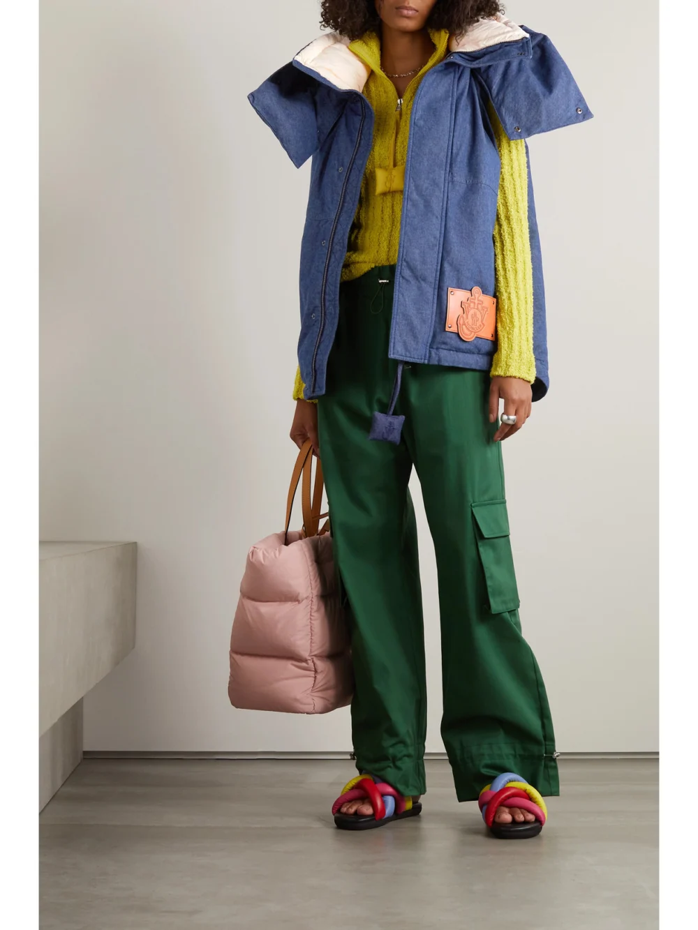 Moncler Genius + Jw Anderson Dalby Hooded Faux Leather-trimmed Denim Down Vest, worn by a model