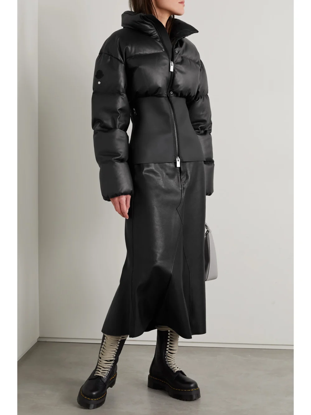 Moncler Genius Yongal Quilted Leather and Neoprene Down Jacket, worn by a model