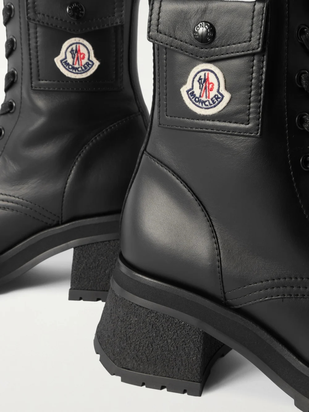 Close-up detail of the Moncler Gigi Leather Ankle Boots