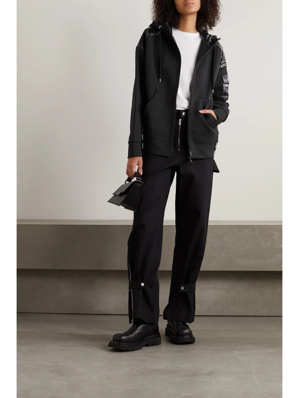 Moncler Glossed-shell Trimmed Cotton-jersey Hoodie, worn by a model