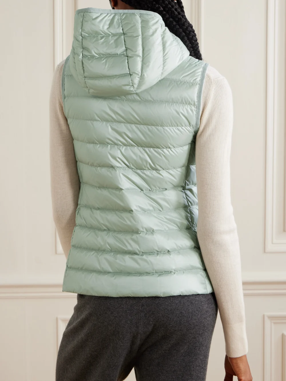 Back view of the Moncler Glygosse Hooded Quilted Shell Down Vest