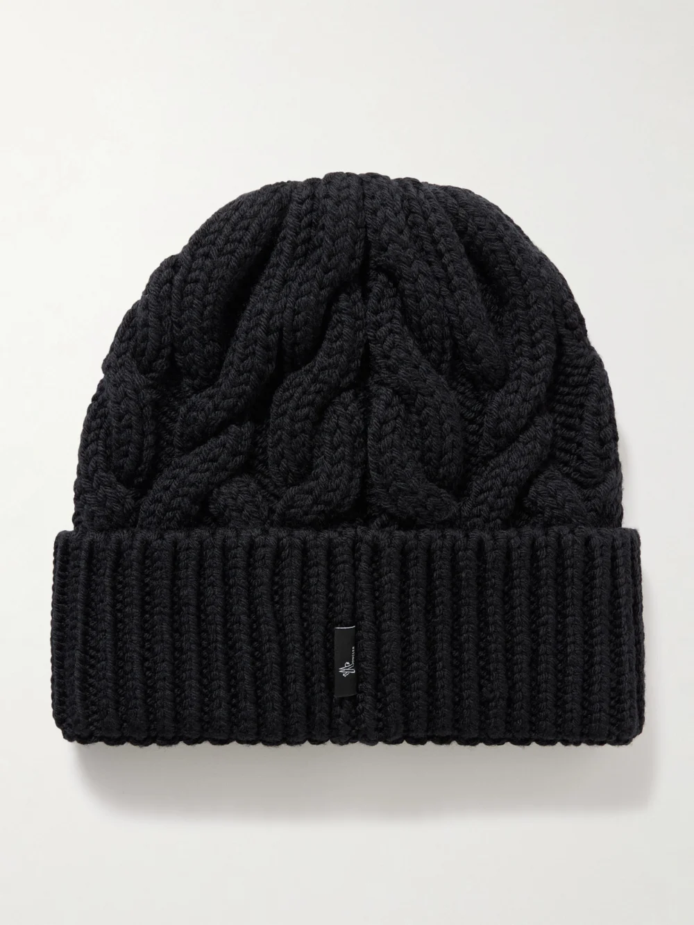 Back view of the Moncler Grenoble Appliquéd Cable-knit Wool Beanie