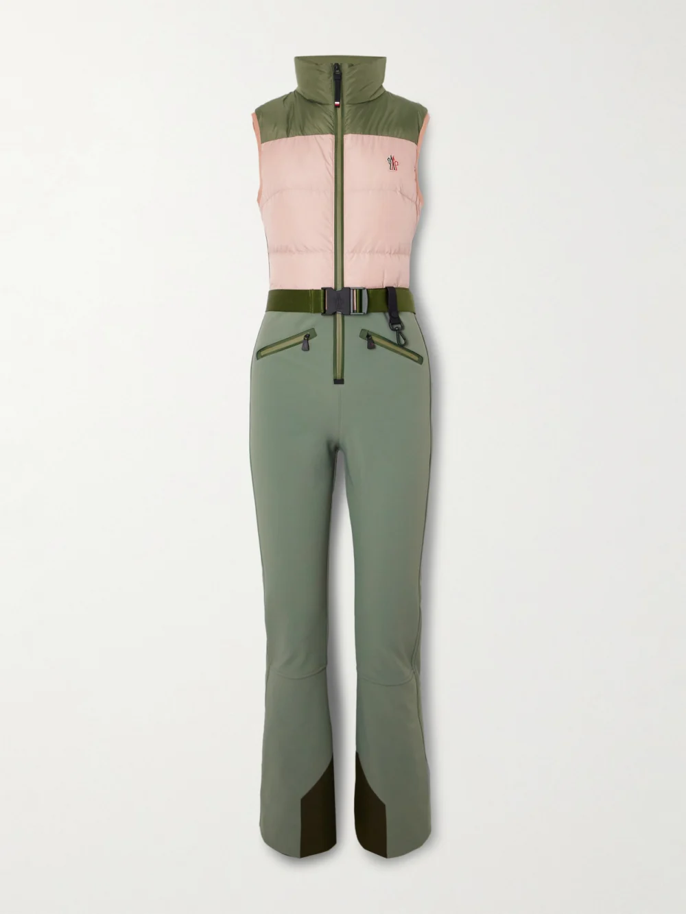 Moncler Grenoble Belted Paneled Quilted Down Ski Suit in green