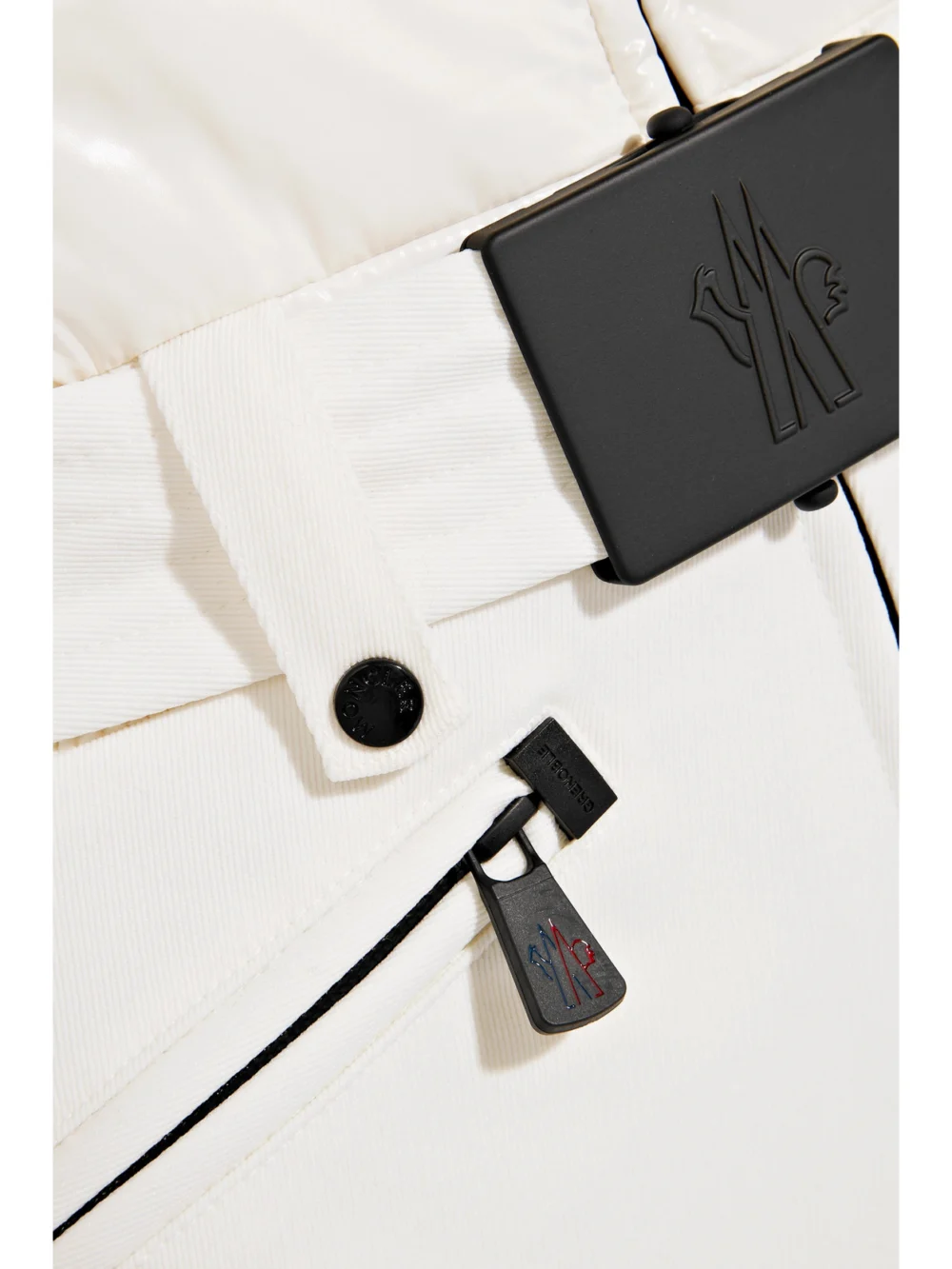Close-up detail of the Moncler Grenoble Belted Quilted Padded Shell Ski Suit