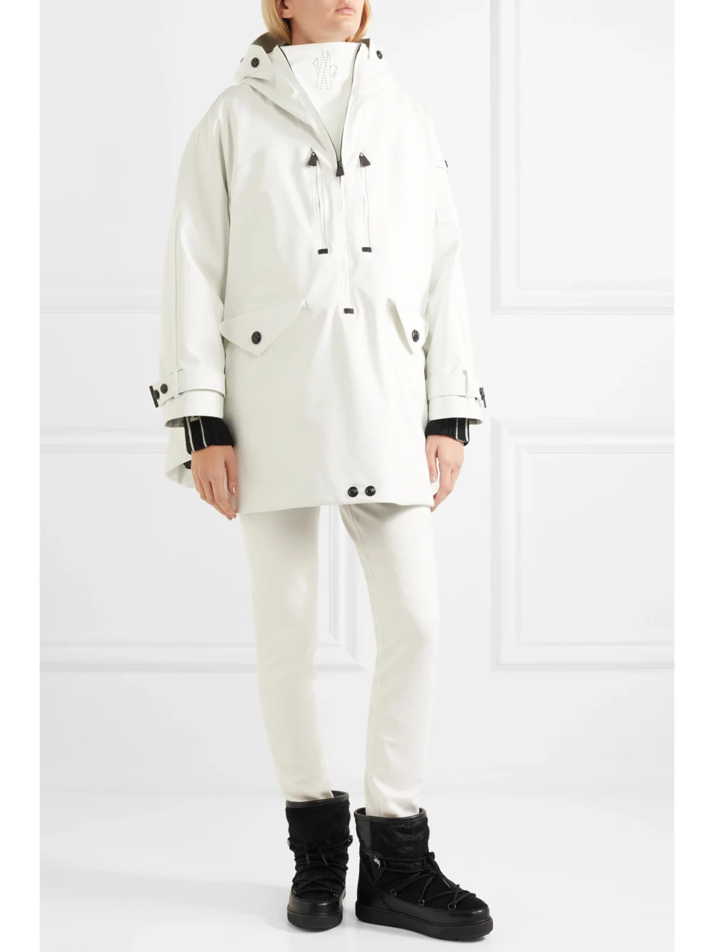 Moncler Grenoble Belted Quilted Padded Shell Ski Suit, worn by a model
