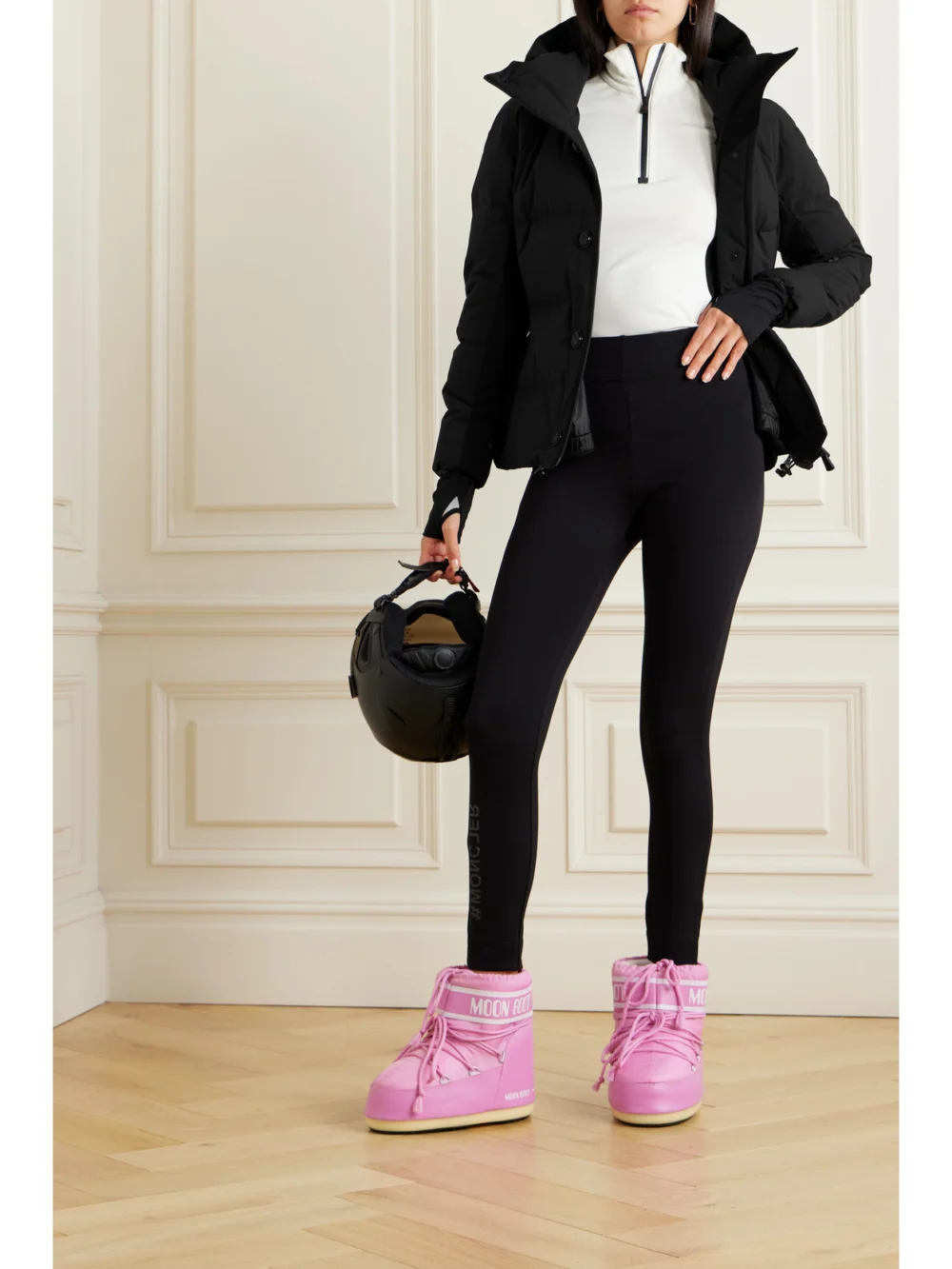 Moncler Grenoble Guyane Hooded Down Ski Jacket, worn by a model