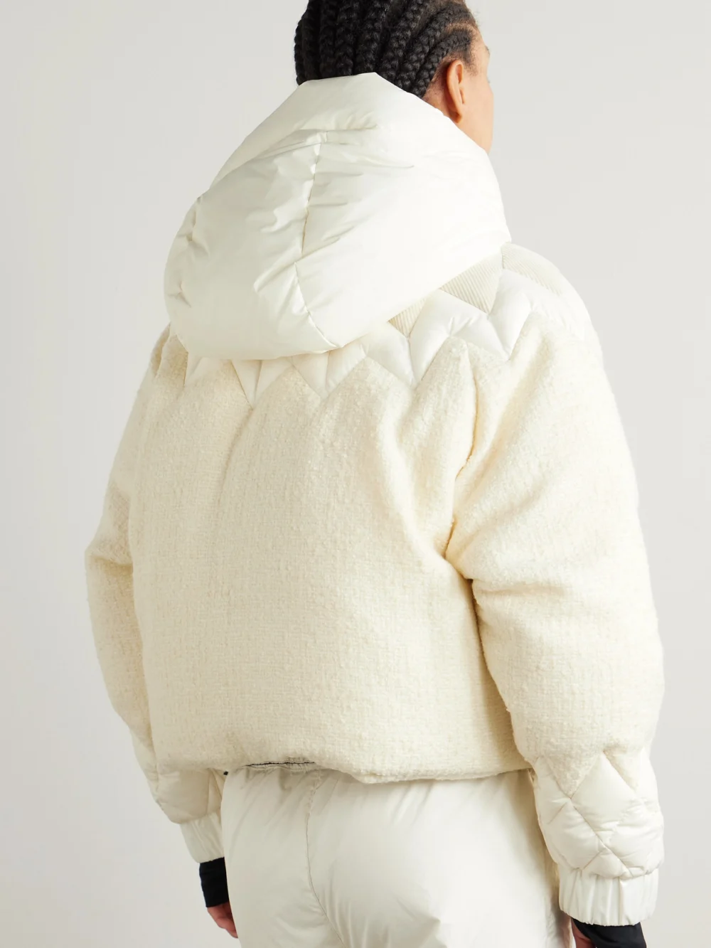 Back view of the Moncler Grenoble Hintersee Hooded Corduroy and Shell-trimmed Wool-blend Bouclé Quilted Down Ski Jacket