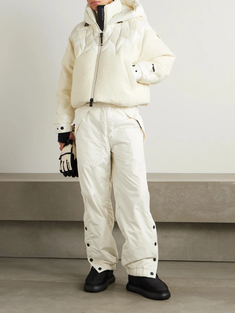 Moncler Grenoble Hintersee Hooded Corduroy and Shell-trimmed Wool-blend Bouclé Quilted Down Ski Jacket, worn by a model