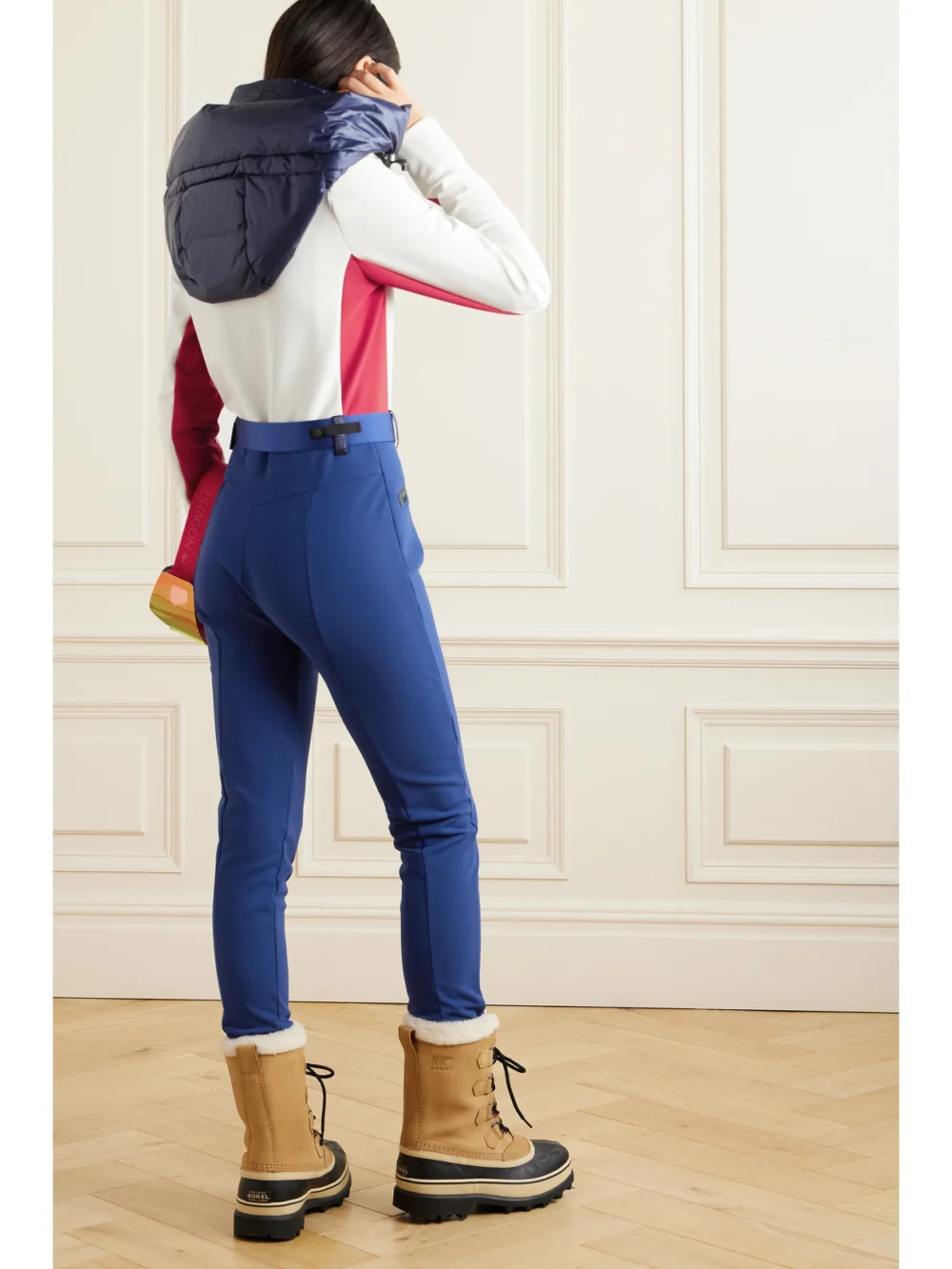 Back view of the Moncler Grenoble Hooded Belted Color-block Down Ski Suit