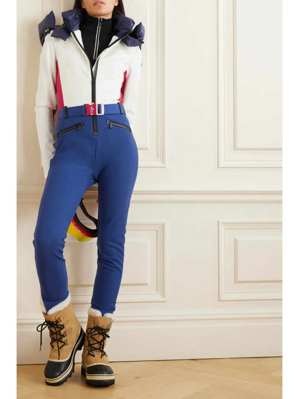 Moncler Grenoble Hooded Belted Color-block Down Ski Suit, worn by a model
