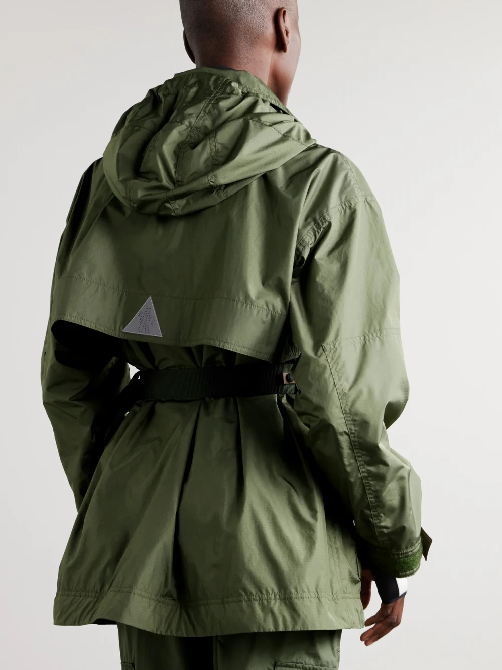 Back view of the Moncler Grenoble Nuvolau Polartec Belted Hooded Ripstop Jacket