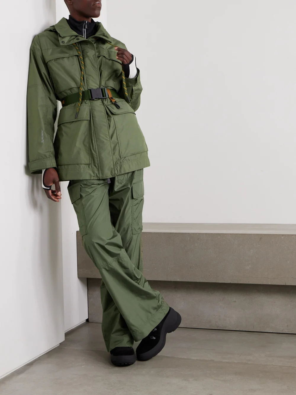 Moncler Grenoble Nuvolau Polartec Belted Hooded Ripstop Jacket, worn by a model
