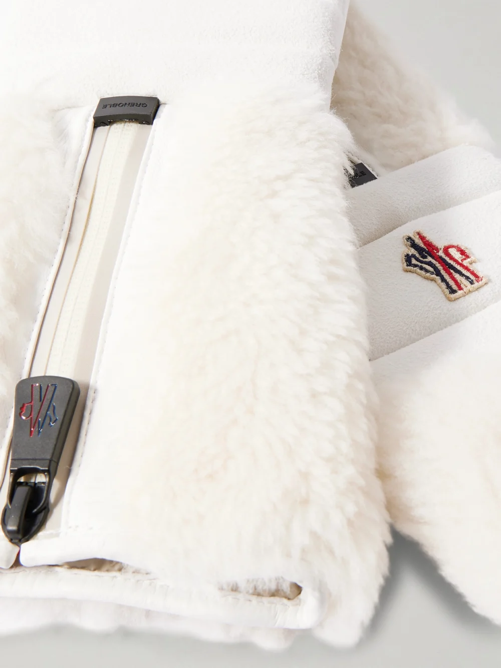 Close-up detail of the Moncler Grenoble Shearling and Suede Ski Gloves
