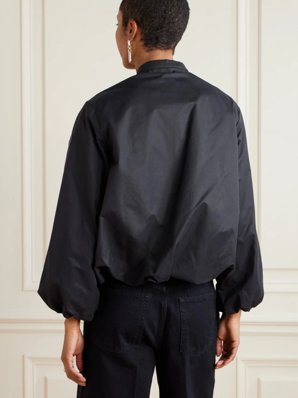 Back view of the Moncler Gruissan Appliquéd Cotton-blend Bomber Jacket