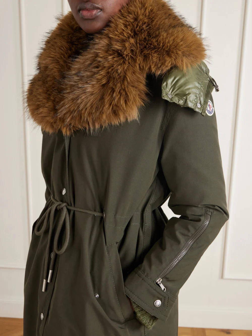 Close-up detail of the Moncler Halicte Hooded Plush-trimmed Shell Down Parka Jacket