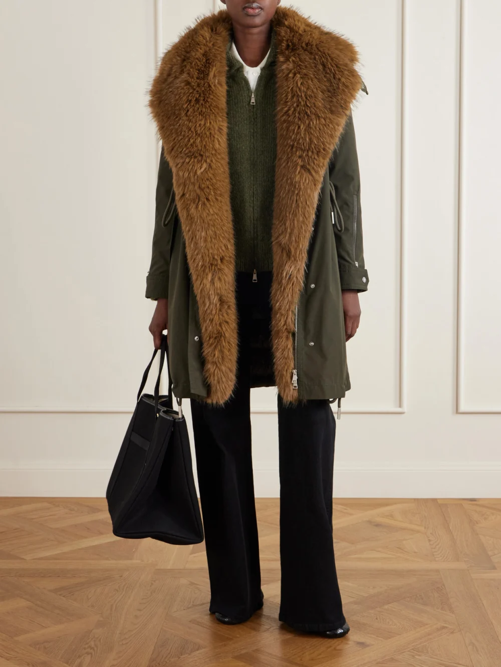 Moncler Halicte Hooded Plush-trimmed Shell Down Parka Jacket, worn by a model