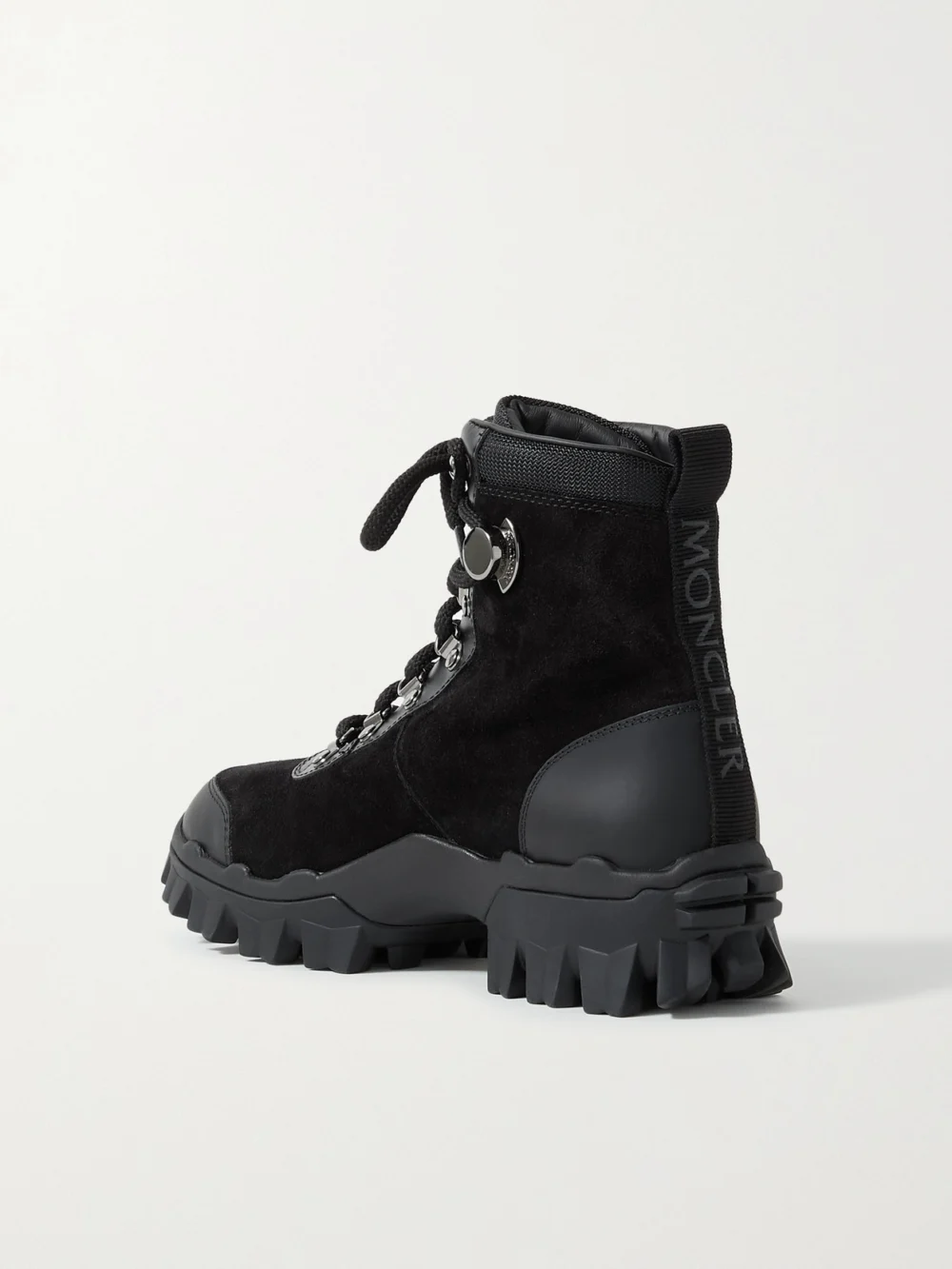 Back view of the Moncler Helis Logo-print Leather-trimmed Suede Ankle Boots
