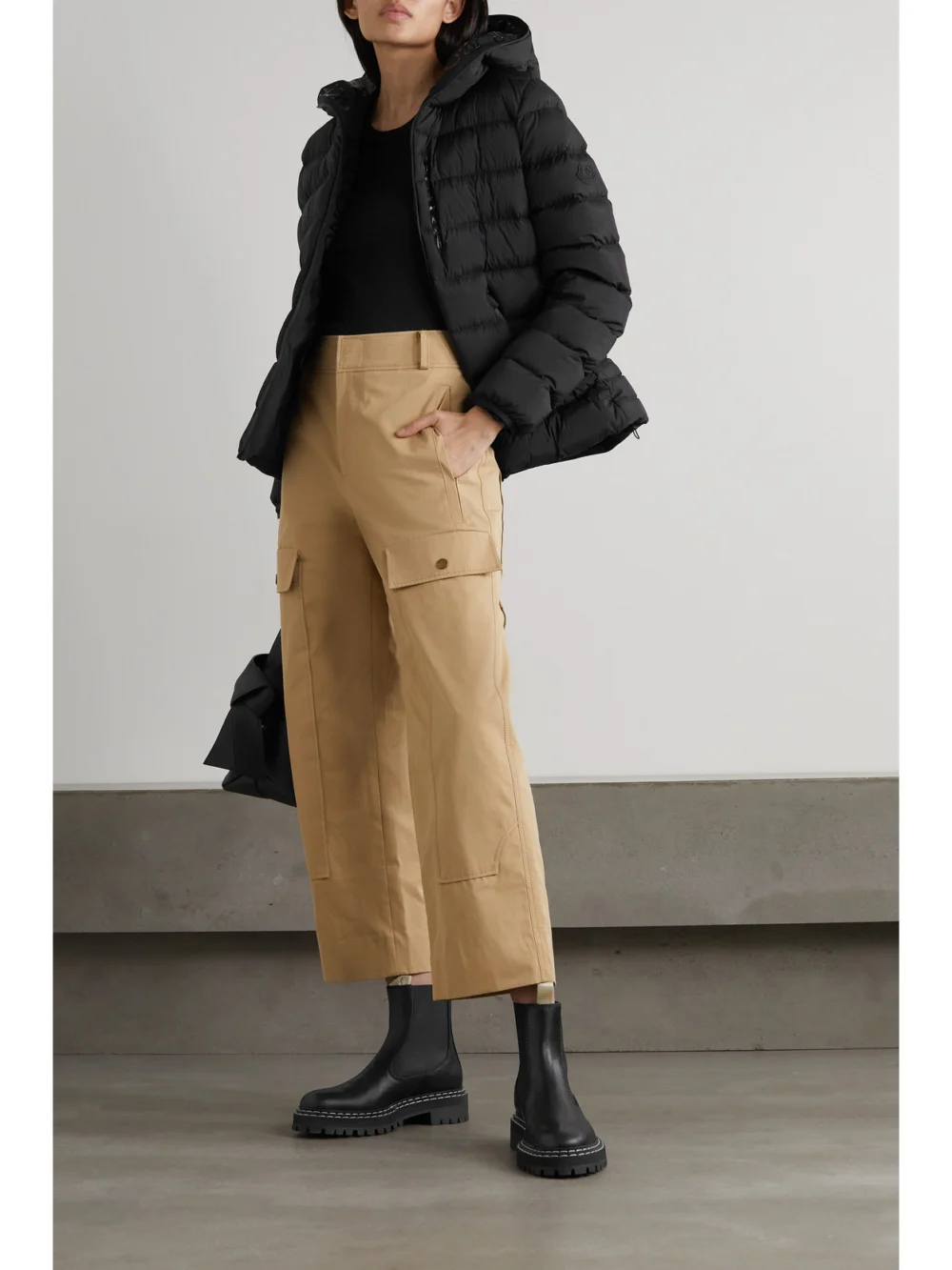 Moncler Herbe Hooded Quilted Shell Down Jacket, worn by a model