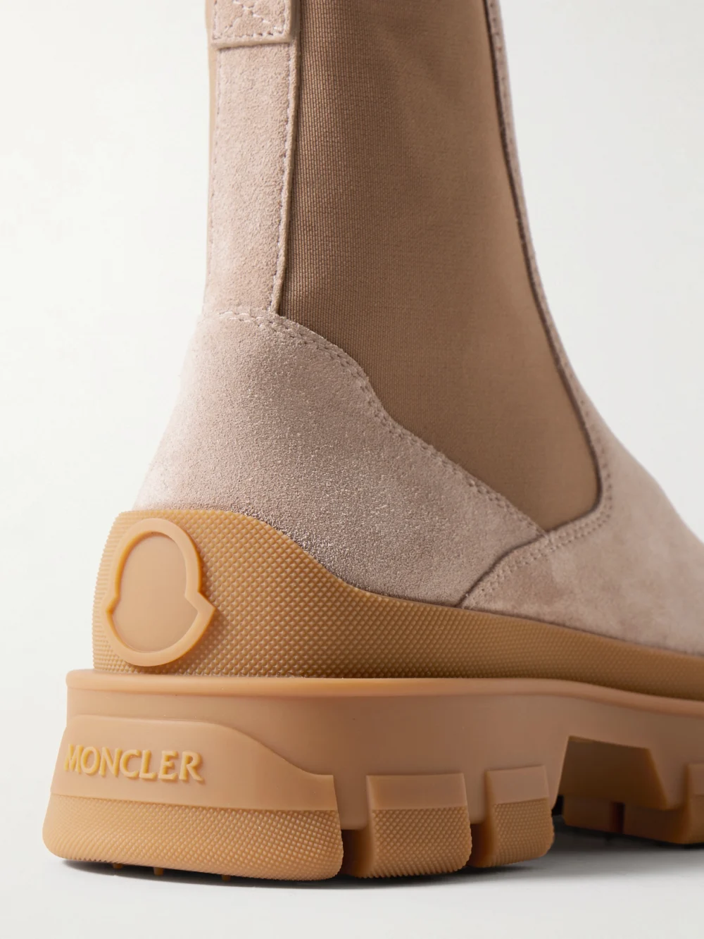 Close-up detail of the Moncler Hevea Suede Chelsea Boots