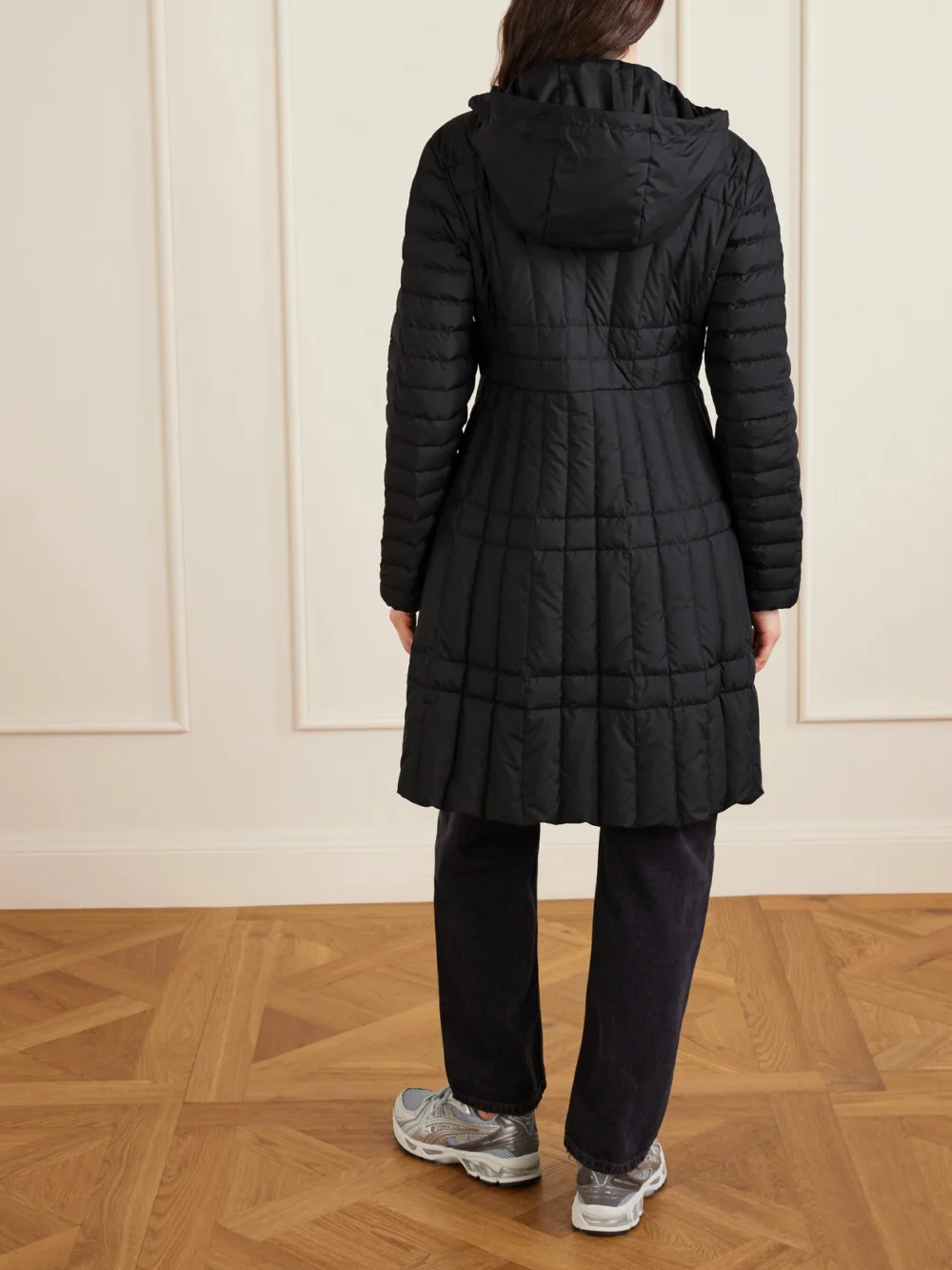 Back view of the Moncler Hooded Appliquéd Padded Quilted Shell Down Coat