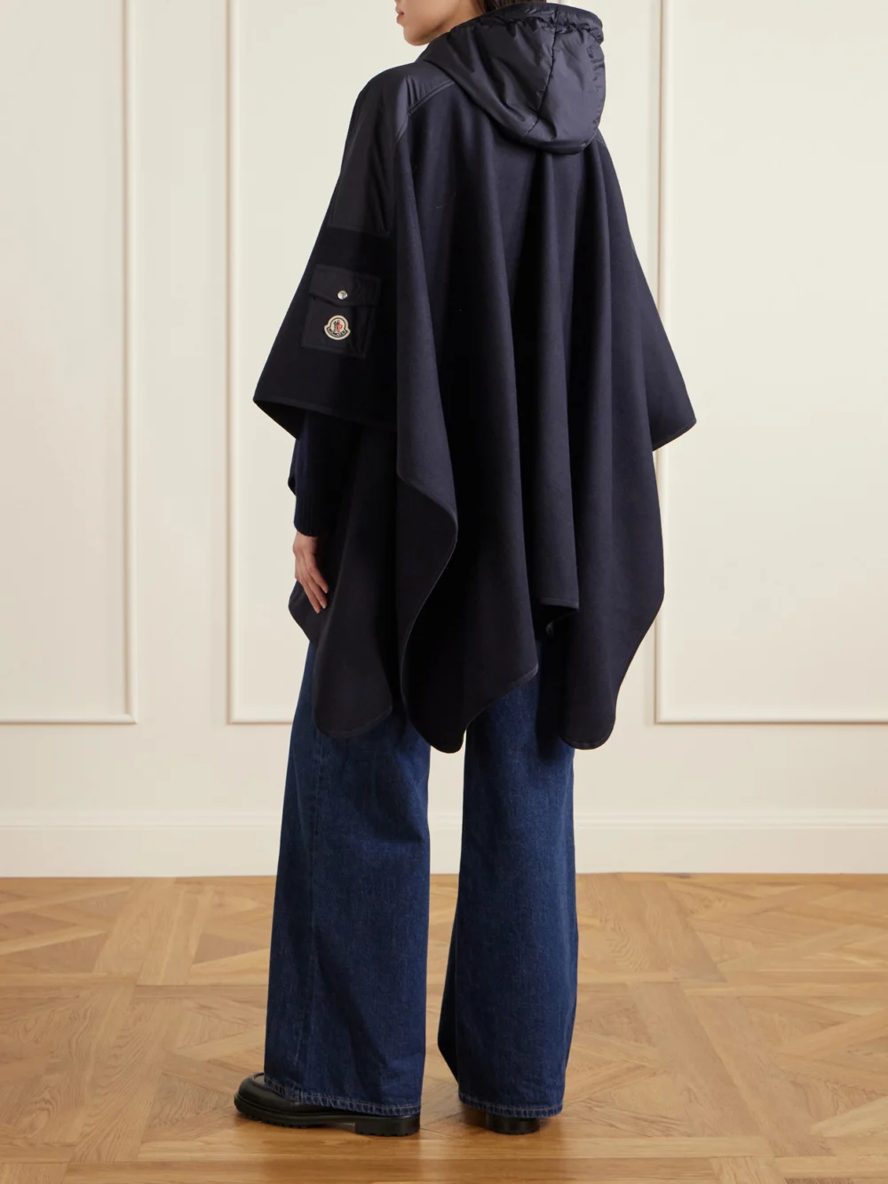 Back view of the Moncler Hooded Appliquéd Shell-trimmed Wool-blend Cape
