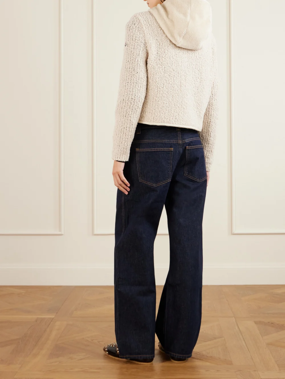 Back view of the Moncler Hooded Fleece and Wool-blend Bouclé Cardigan