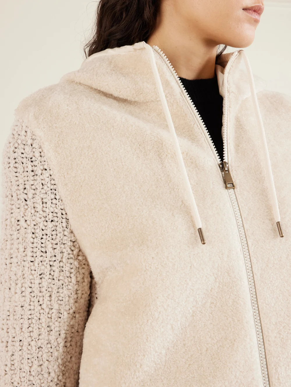 Close-up detail of the Moncler Hooded Fleece and Wool-blend Bouclé Cardigan