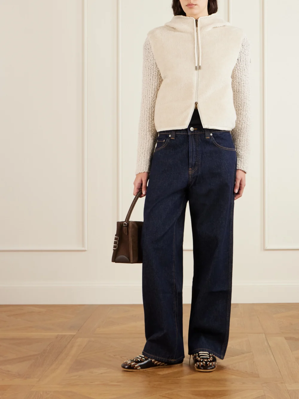 Moncler Hooded Fleece and Wool-blend Bouclé Cardigan, worn by a model