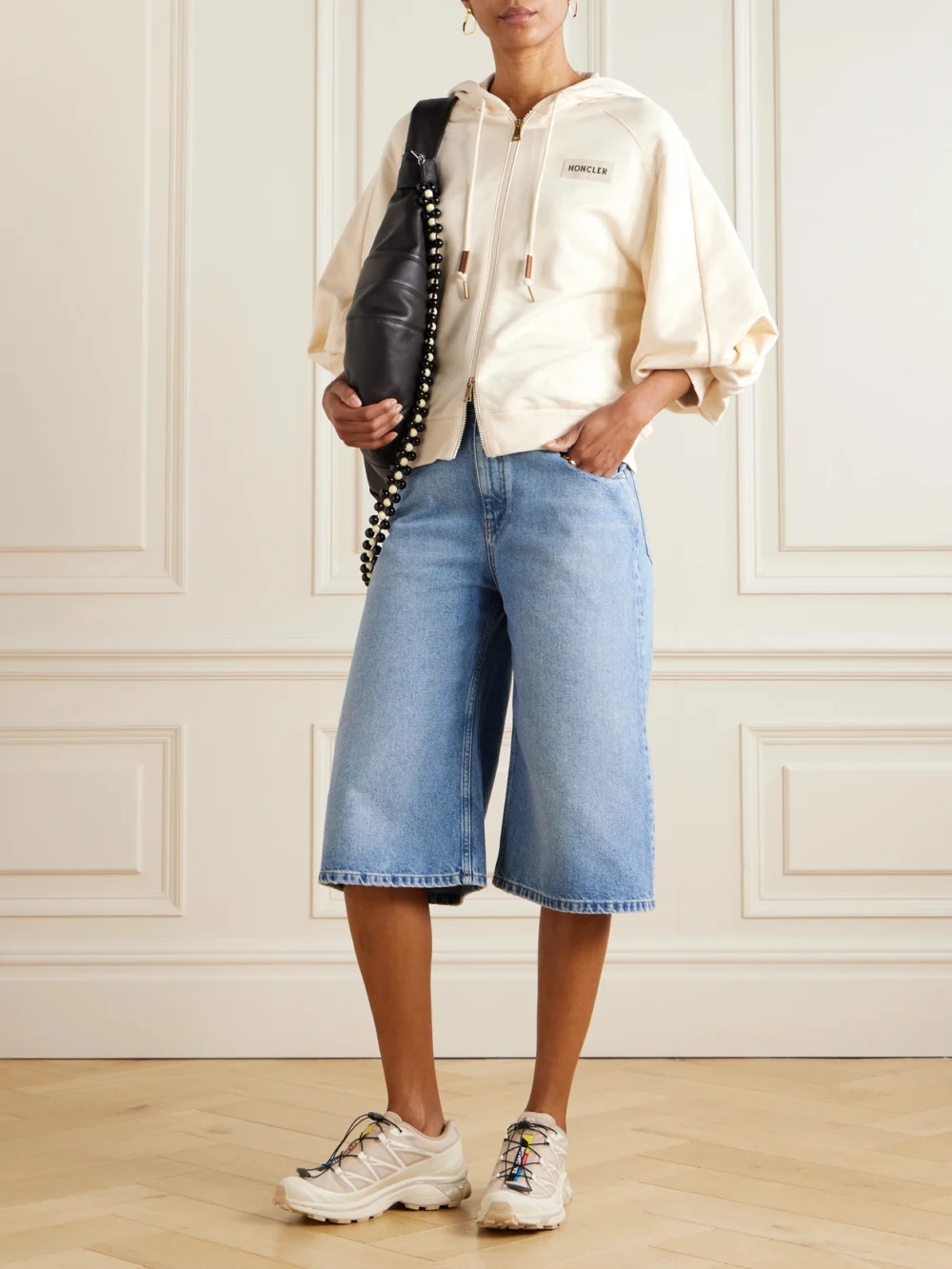 Moncler Hooded Intarsia-knit Cotton-jersey Cardigan, worn by a model