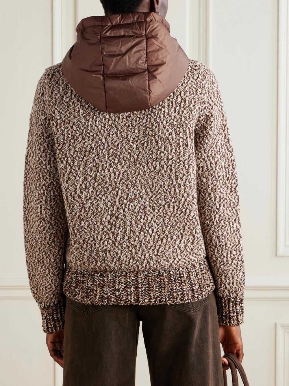 Back view of the Moncler Hooded Quilted Shell-trimmed Wool Cardigan