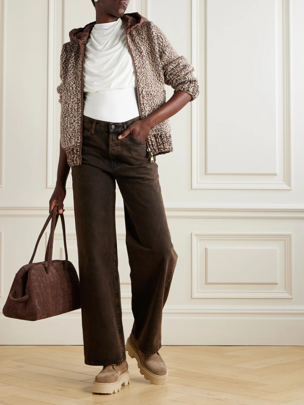 Moncler Hooded Quilted Shell-trimmed Wool Cardigan, worn by a model