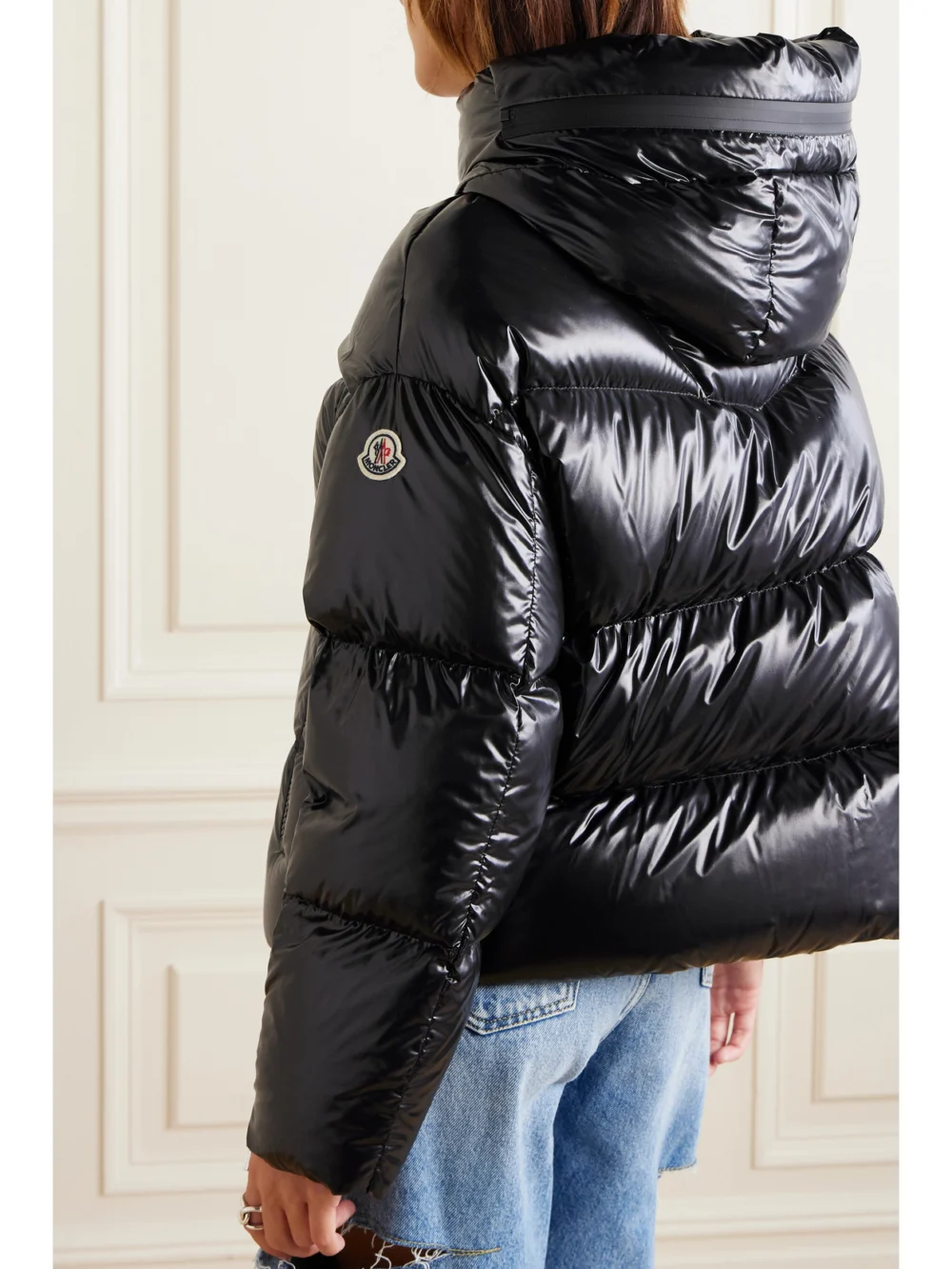 Back view of the Moncler Huppe Appliquéd Quilted Padded Hooded Shell Down Jacket