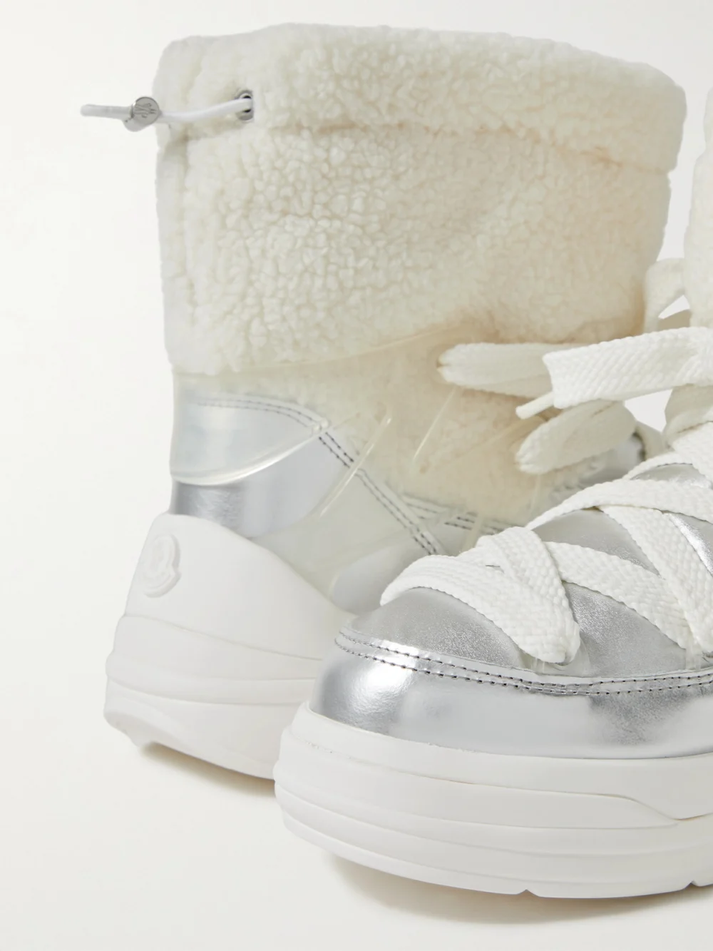 Close-up detail of the Moncler Insolux M Rubber-trimmed Fleece, Metallic Shell and Leather Snow Boots