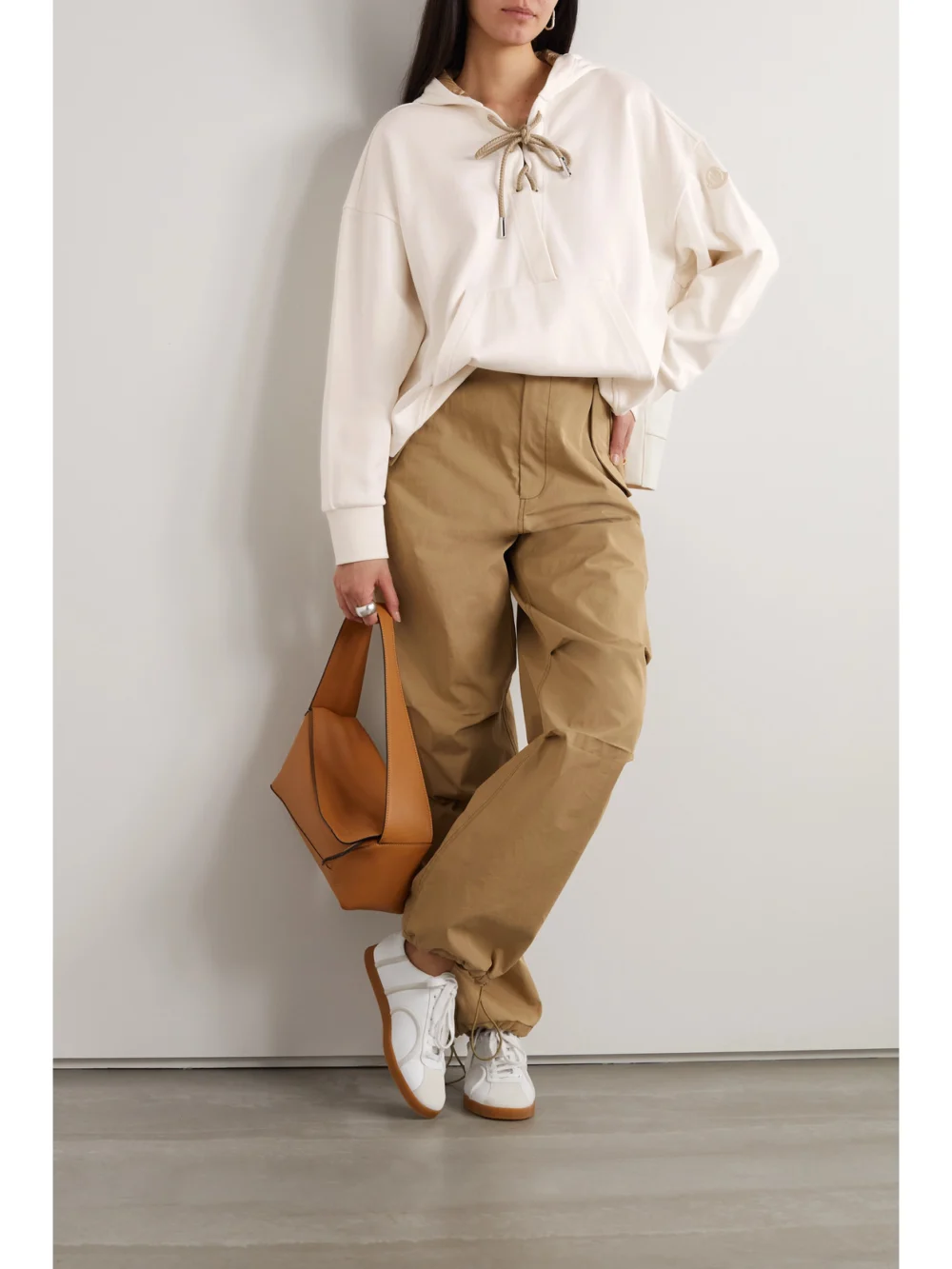 Moncler Lace-up Cotton-blend Jersey Hoodie, worn by a model