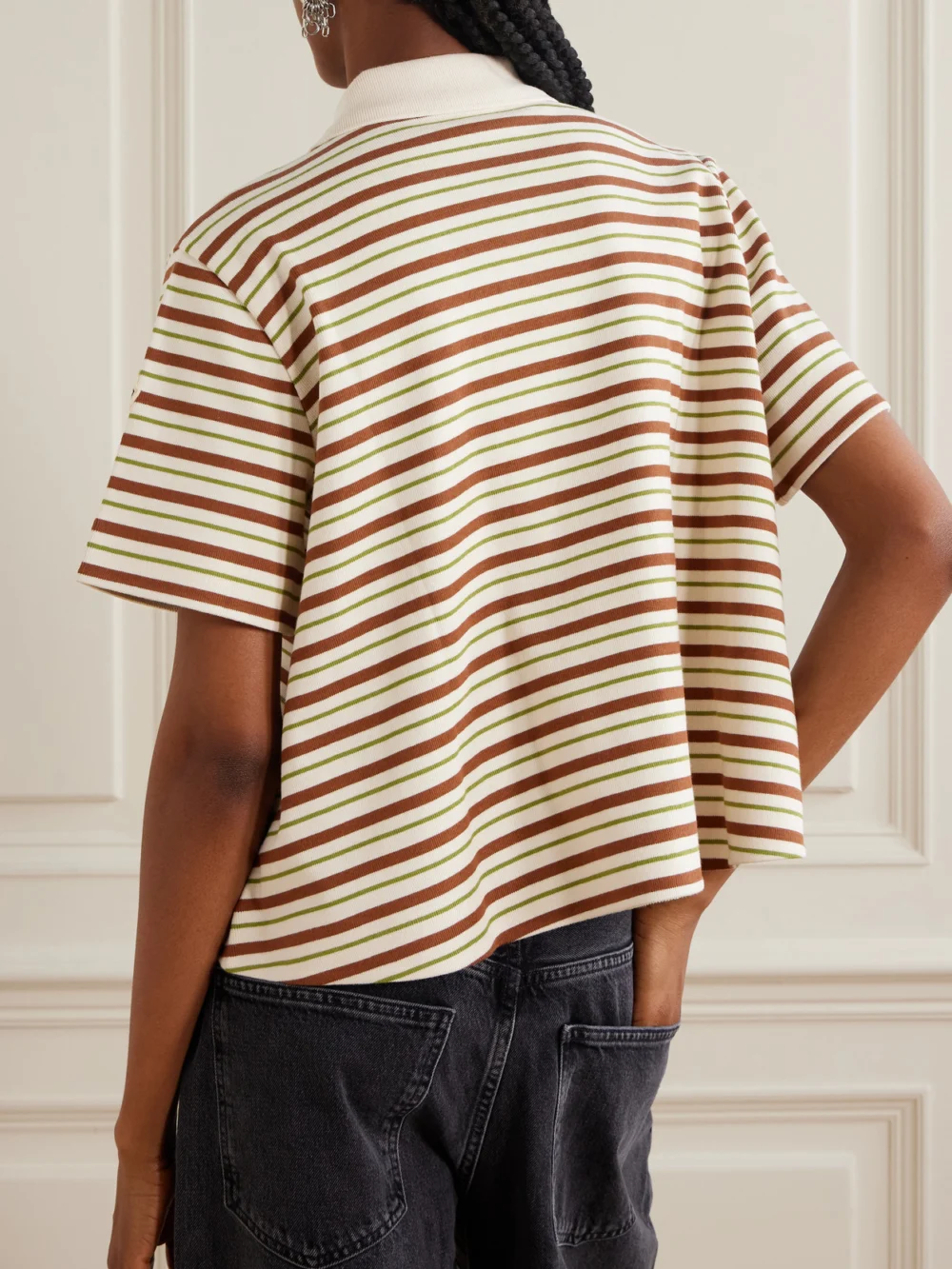Back view of the Moncler Lace-up Cropped Striped Cotton Polo Shirt