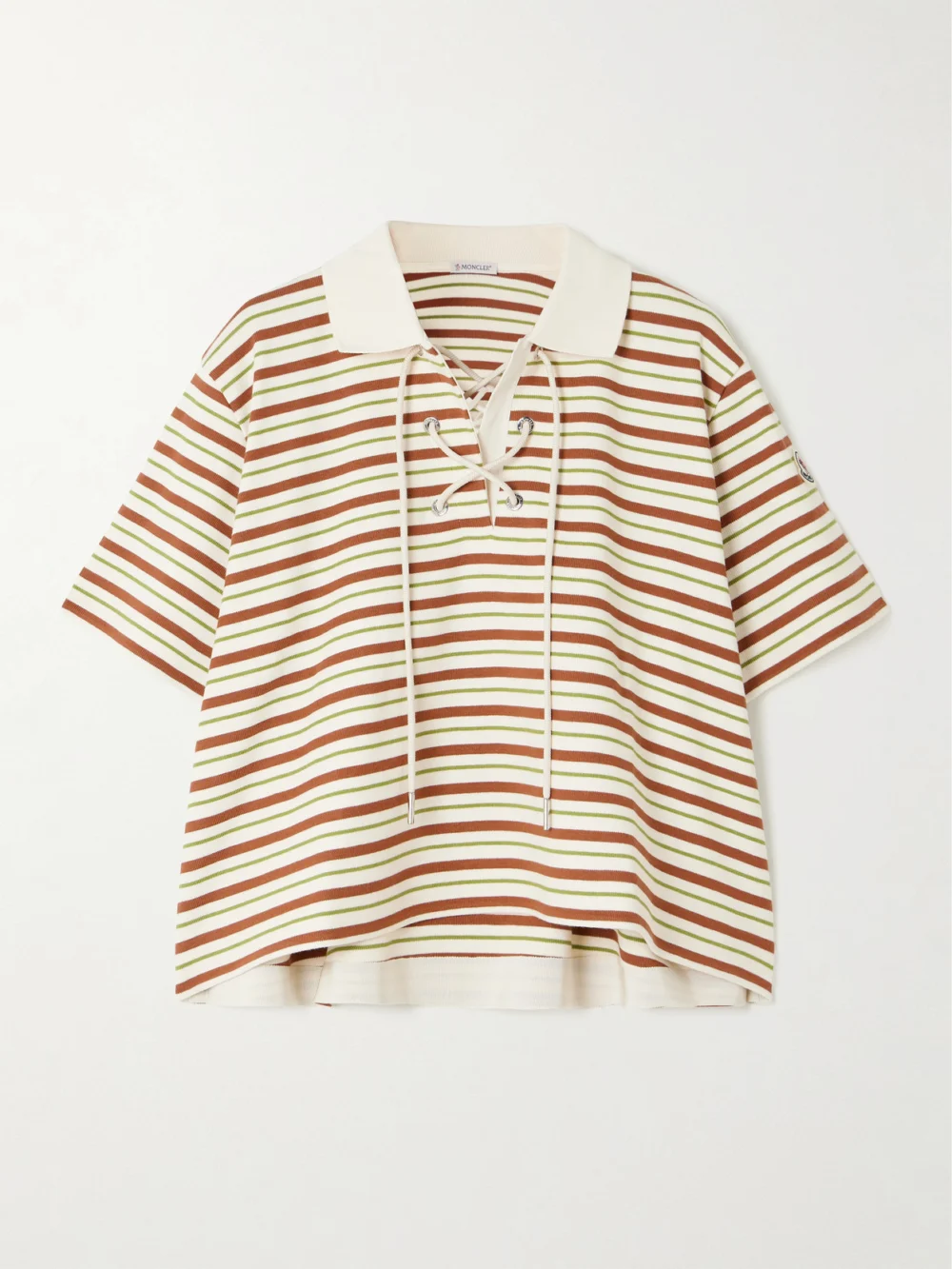 Moncler Lace-up Cropped Striped Cotton Polo Shirt in multi