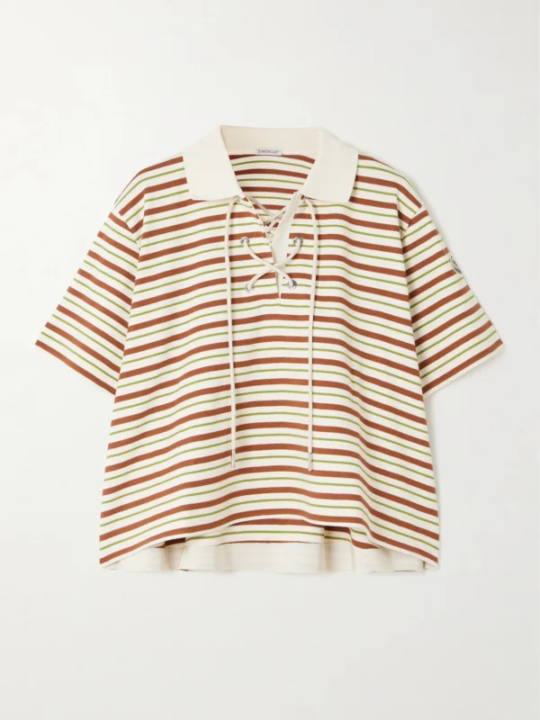 Moncler Lace-up Cropped Striped Cotton Polo Shirt