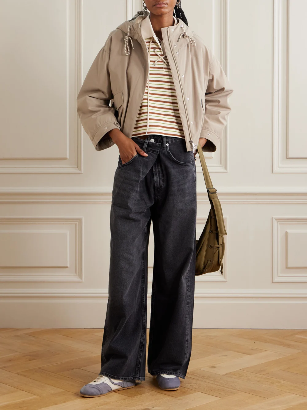 Moncler Lace-up Cropped Striped Cotton Polo Shirt, worn by a model
