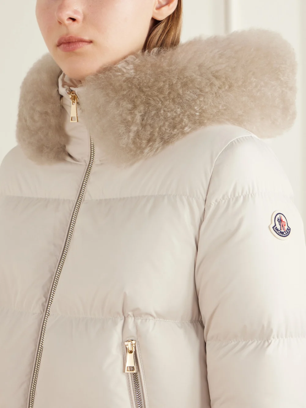 Close-up detail of the Moncler Laichefur Plush-trimmed Shell Quilted Down Jacket