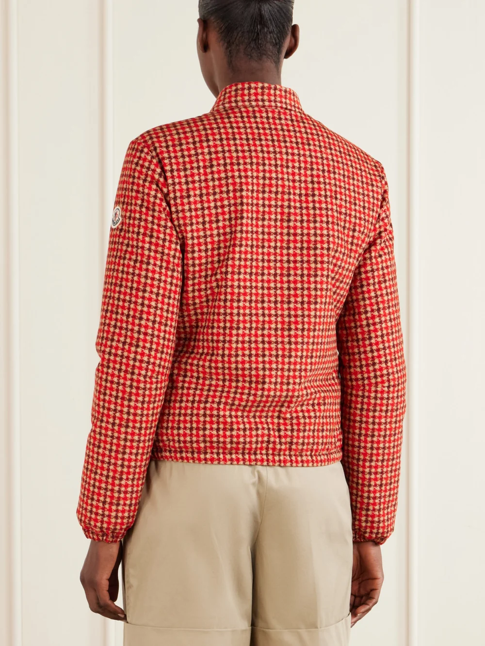 Back view of the Moncler Lanset Logo-appliquéd Checked Cotton Down Jacket